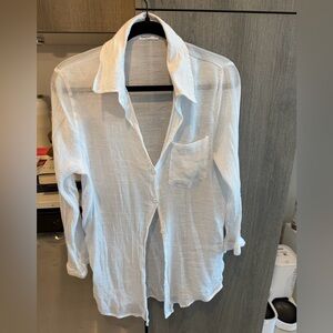 Classic White Semi-Sheer Button-Front Blouse with Chest Pocket
